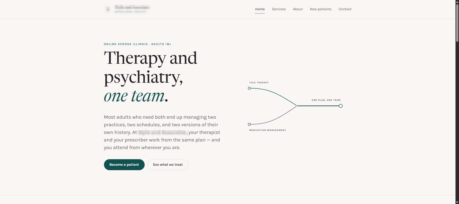A behavioral health practice's homepage: a calm cream page with a serif headline.