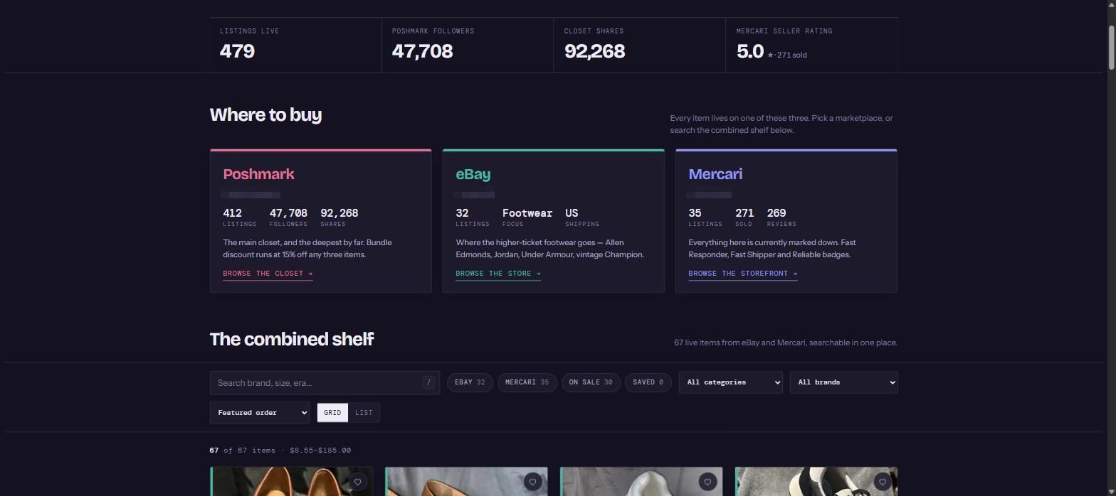 A resale site: marketplace cards with live listing counts above a searchable shelf.